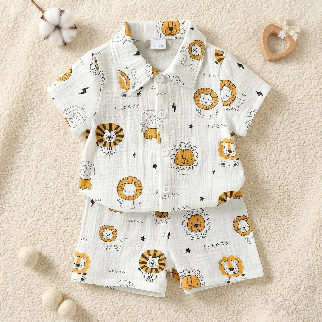 Nesta Baby Premium Little King Lion Muslin Set - 2-Piece Cartoon Baby Shirt & Shorts Outfit